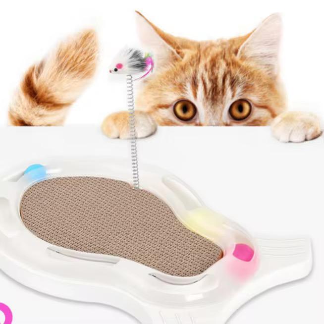 CAT SCRACHER TOY FISH SHAPED WITH BALLS, MOUSE AND CATNIP